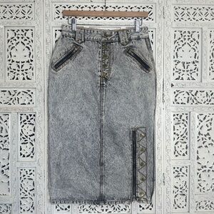 Vintage Get‎ Used By Elie Acid Wash Grunge Denim Midi Skirt Zipper Details Sz S
